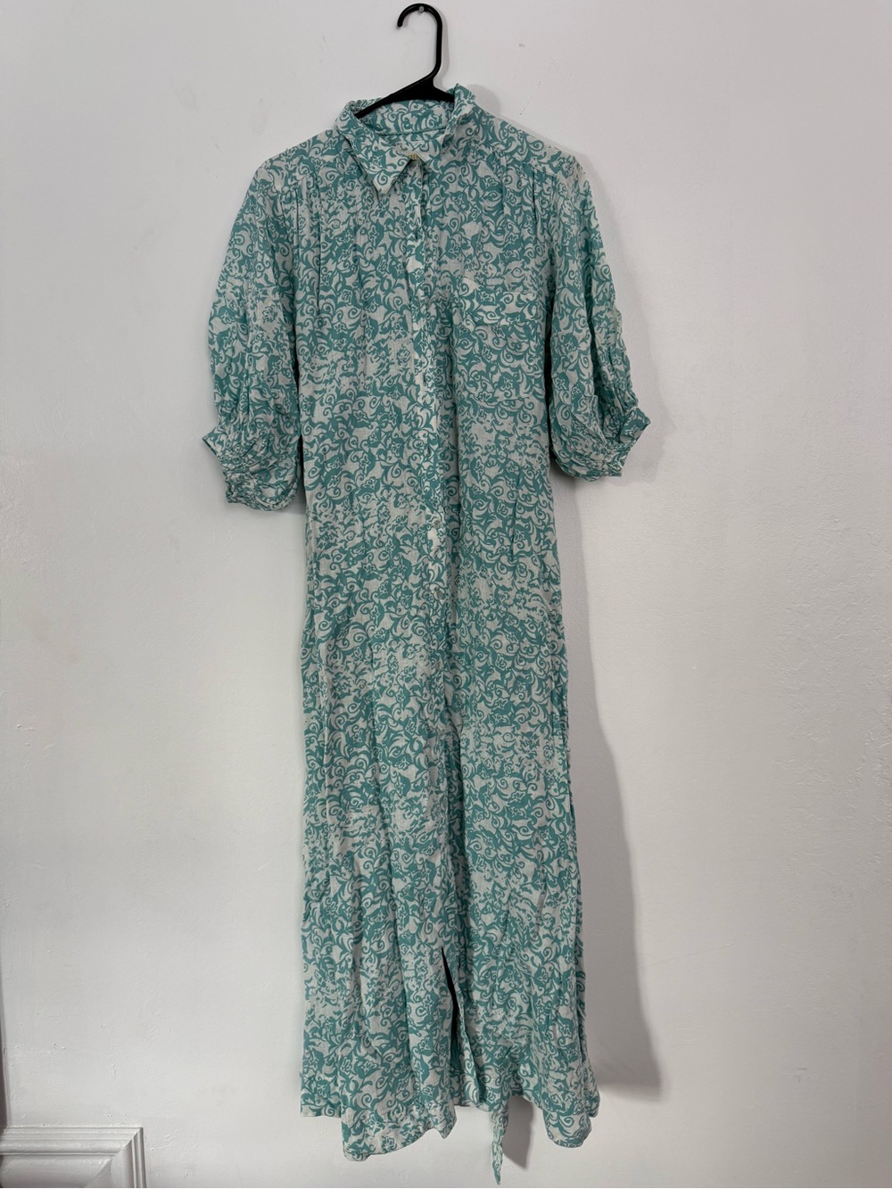 Anthropologie Teal and White Paisley Maxi Shirt Dress